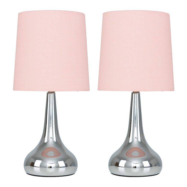 Pair Of Chrome Teardrop Touch Table Lamps With Blush Pink Shades - Comet Lighting