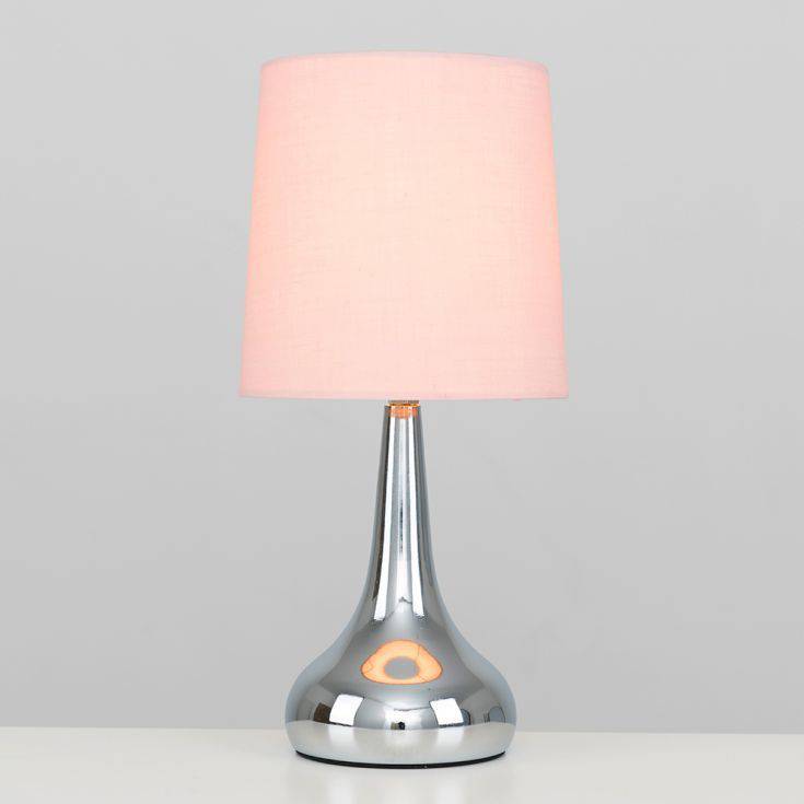 Pair Of Chrome Teardrop Touch Table Lamps With Blush Pink Shades - Comet Lighting