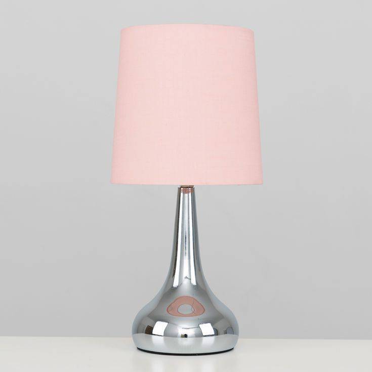 Pair Of Chrome Teardrop Touch Table Lamps With Blush Pink Shades - Comet Lighting