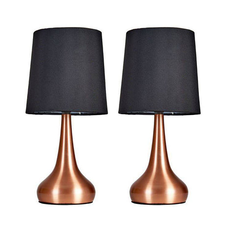 Pair Of Copper Teardrop Touch Table Lamps With Black Shades - Comet Lighting