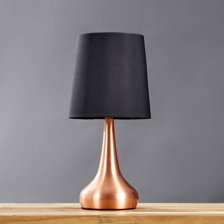 Pair Of Copper Teardrop Touch Table Lamps With Black Shades - Comet Lighting