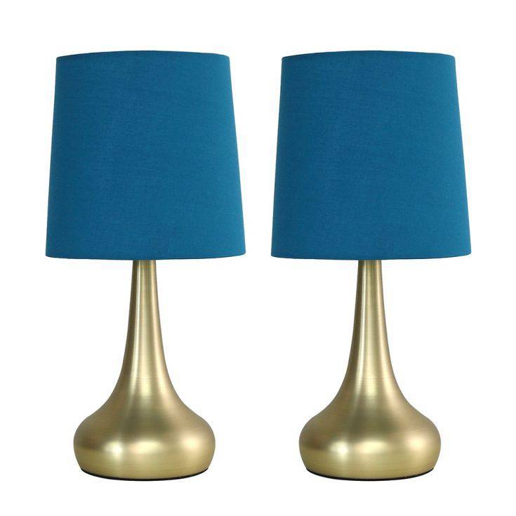 Pair Of Gold Teardrop Touch Table Lamps With French Blue Shades - Comet Lighting