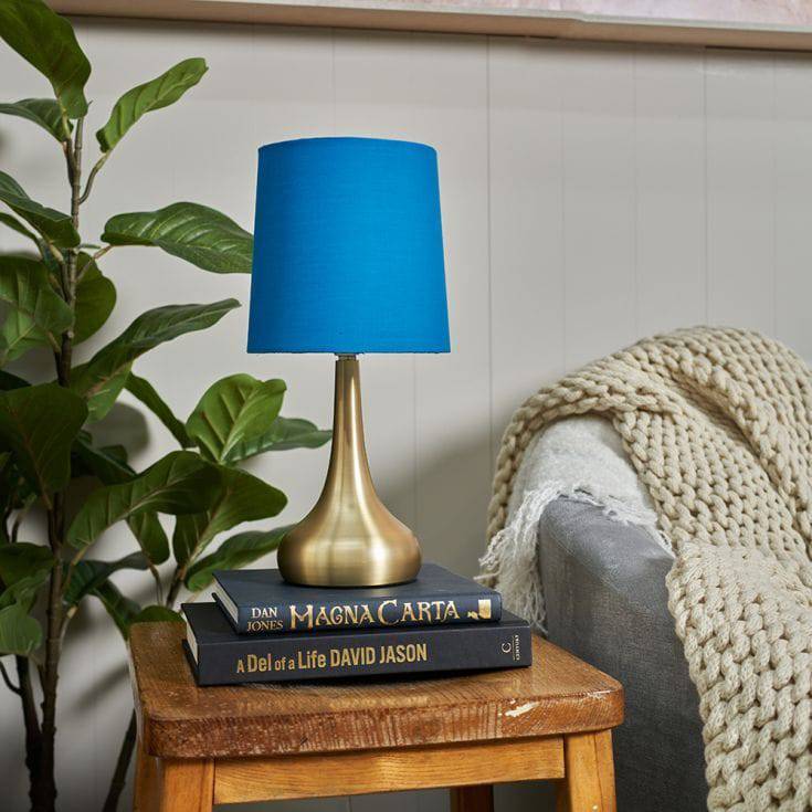 Pair Of Gold Teardrop Touch Table Lamps With French Blue Shades - Comet Lighting