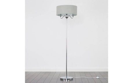 Rocha 3 Way Chrome Floor Lamp with Linen Grey Drum Shade - Comet Lighting