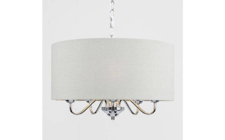 Rocha 5 Way Chrome Ceiling Light with Linen Grey Drum Shade - Comet Lighting