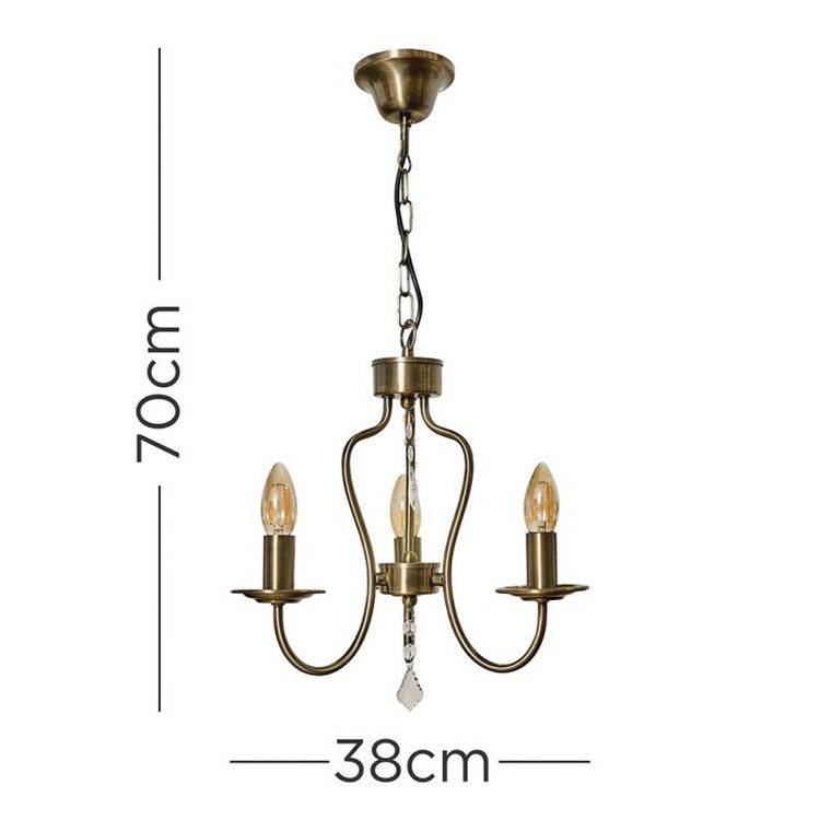 Sadler 3 Way Antique Brass Chandelier With Acrylic Droplets - Comet Lighting