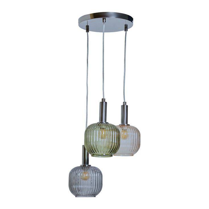 Stratton 3 Way Chrome Ceiling Light With Coloured Ribbed Glass Shades - Comet Lighting