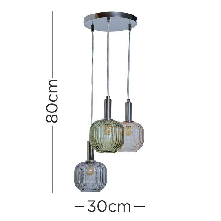 Stratton 3 Way Chrome Ceiling Light With Coloured Ribbed Glass Shades - Comet Lighting