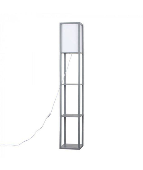 Wooden Shelving Unit Floor Lamp With Fabric Shade In Grey - Comet Lighting