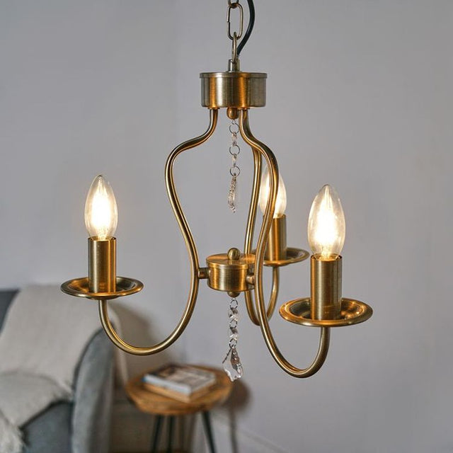 Sadler 3 Way Antique Brass Chandelier With Acrylic Droplets