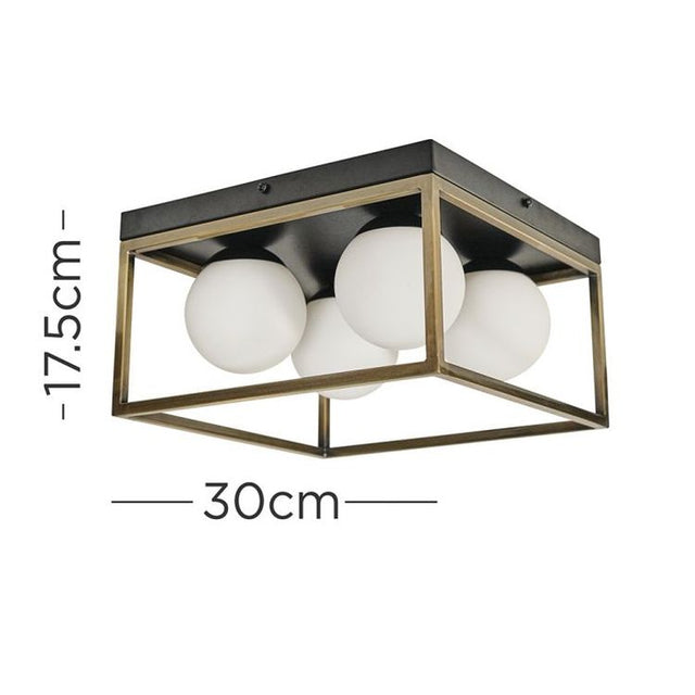 Beauworth 4 Way Black & Antique Brass Ceiling Light With Opal Glass Shades