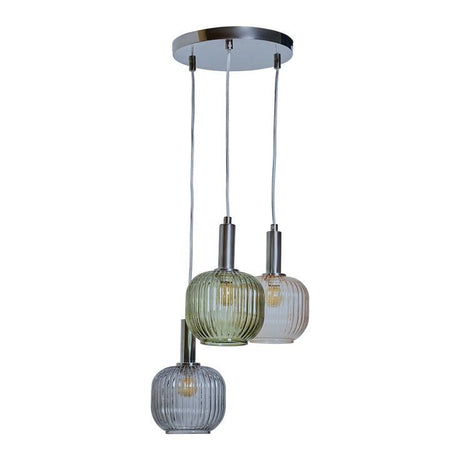 Stratton 3 Way Chrome Ceiling Light With Coloured Ribbed Glass Shades