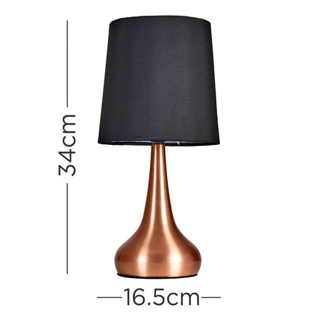 Pair Of Copper Teardrop Touch Table Lamps With Black Shades