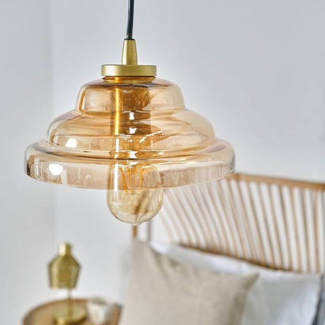 Aurelian Antique Brass Pendant Ceiling Light With Rippled Amber Glass Shade
