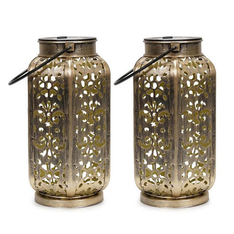 Pack Of 2 IP44 Antique Brass Solar Powered Moroccan Lanterns 