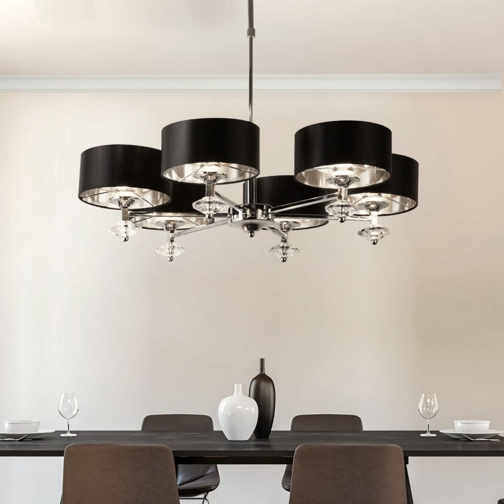 Marldon 6Lt Pendant Ceiling Light Chrome w/ Black Shades/Silver Inner - Comet Lighting