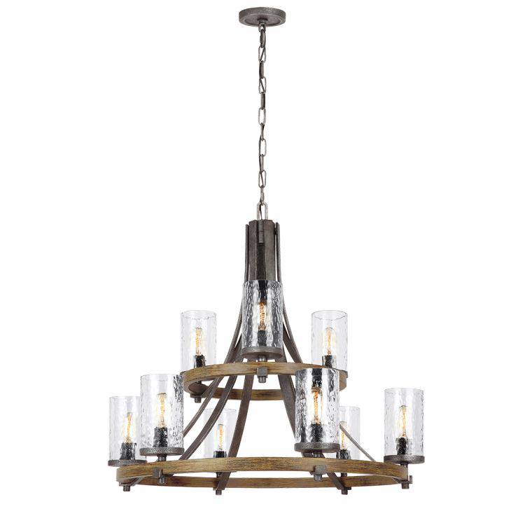 Quintiesse Angelo 9Lt  Chandelier - Distressed Weathered Oak / Slate Grey Metal - Comet Lighting