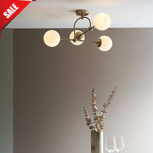 Amur 4Lt Semi-flush Ceiling Light Matt Antique Brass Plate & Opal Glass