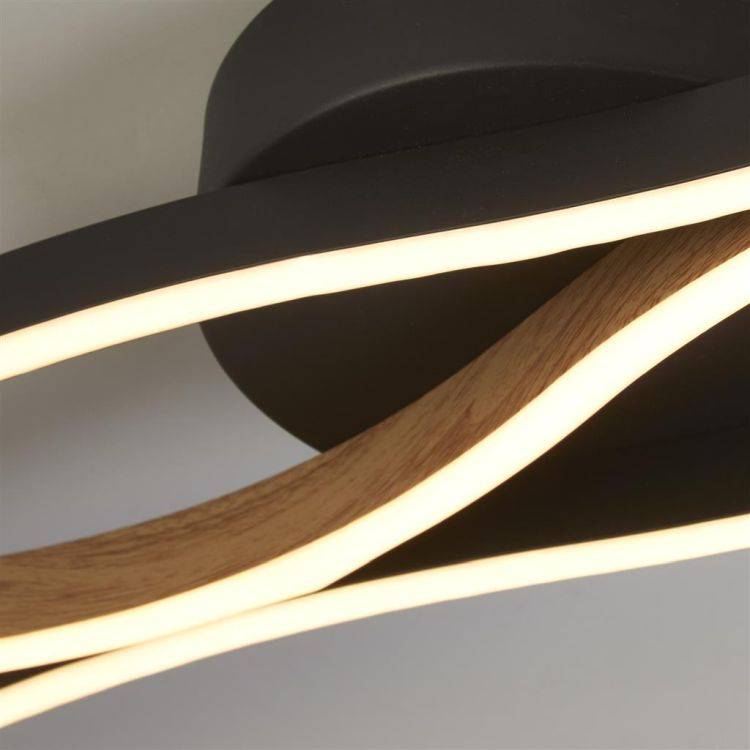 Bloom Swirl LED Flush Ceiling Light - Black With Wood Effect - Comet Lighting