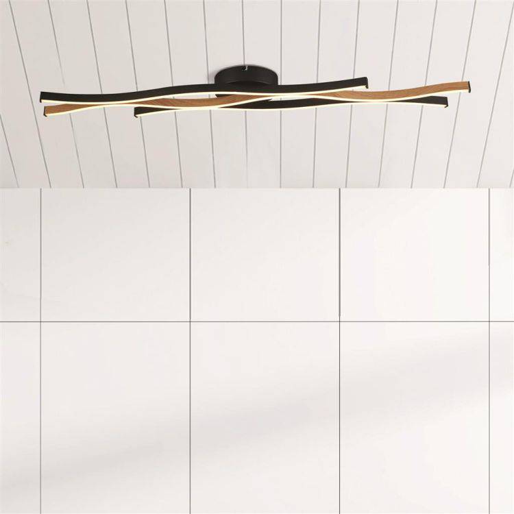 Bloom Swirl LED Flush Ceiling Light - Black With Wood Effect - Comet Lighting