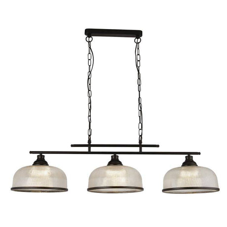 Highworth 3Lt Pendant - Black Metal & Holophane Style Glass A - Comet Lighting