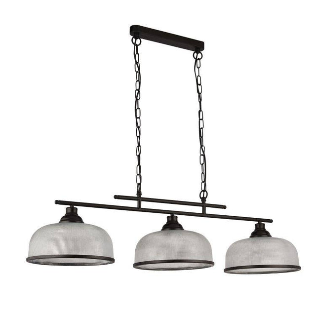 Highworth 3Lt Pendant - Black Metal & Holophane Style Glass A - Comet Lighting