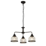 Highworth 3Lt Pendant - Black Metal & Holophane Style Glass B - Comet Lighting