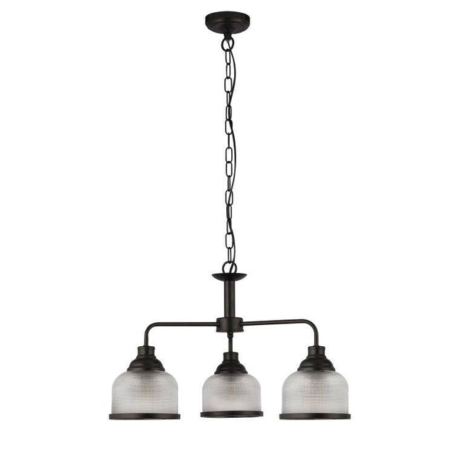 Highworth 3Lt Pendant - Black Metal & Holophane Style Glass B - Comet Lighting