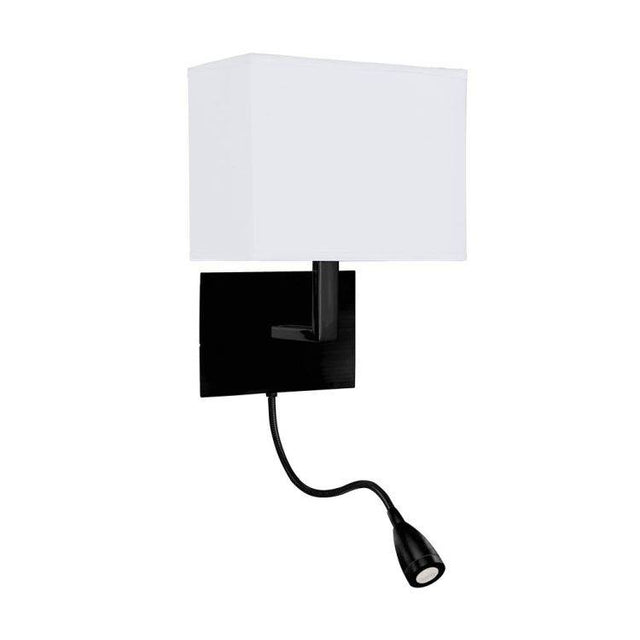 Hotel Wall Light & Reading Light - Matt Black Metal & White Fabric Shade - Comet Lighting