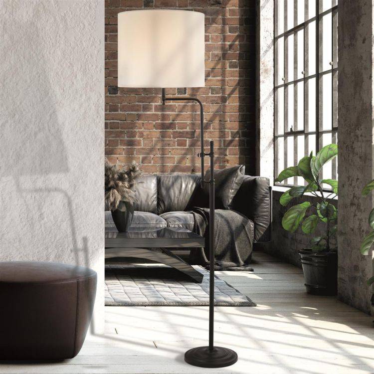 Munich Adjustable Floor Lamp - Matt Black Metal & Linen - Comet Lighting