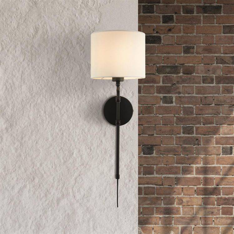 Munich Adjustable Wall Light - Matt Black Metal & Linen - Comet Lighting