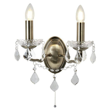 Searchlight 2 Light Wall Bracket Crystal Drops Trim Brass - Comet Lighting