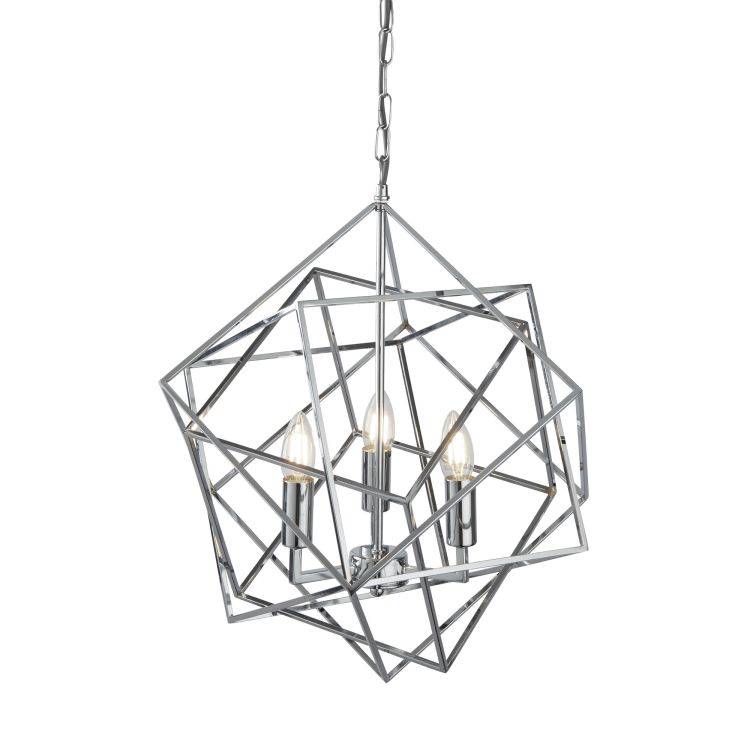 Searchlight 3 Light Pendant Geometric Cube Frame Chrome - Comet Lighting