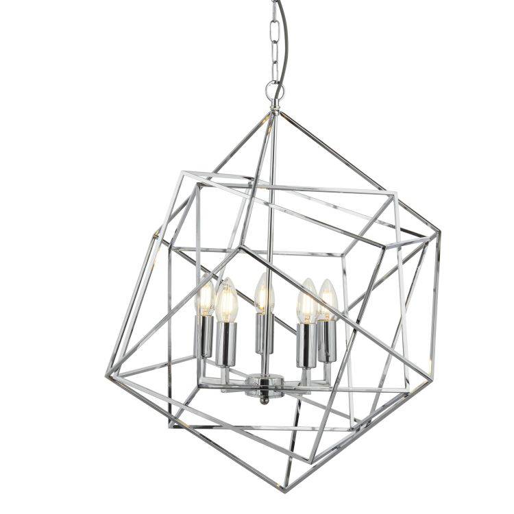 Searchlight 5 Light Pendant Geometric Cube Frame Chrome - Comet Lighting