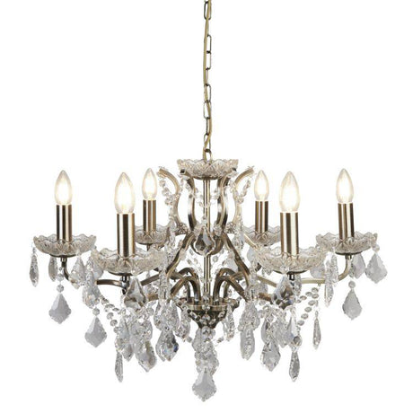 Searchlight 6 Light Chandelier Crystal Drops Trim Brass - Comet Lighting