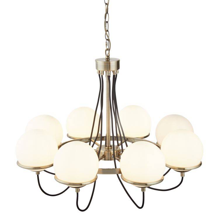 Searchlight 8 Light Ceiling Brass White Glass Shades - Comet Lighting