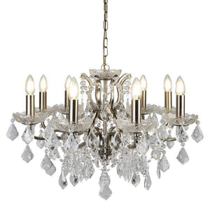 Searchlight 8 Light Chandelier Crystal Drops Trim Brass - Comet Lighting
