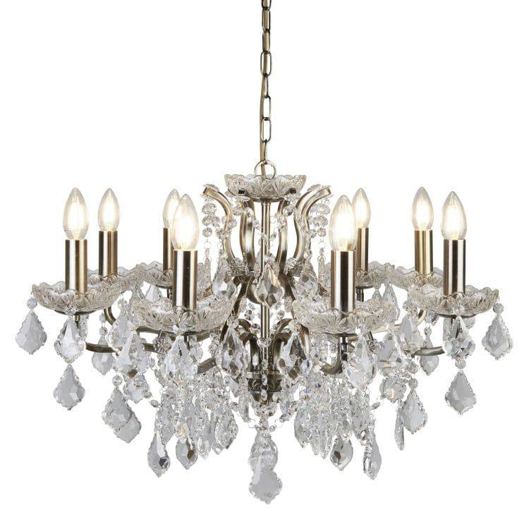 Searchlight 8 Light Chandelier Crystal Drops Trim Brass - Comet Lighting