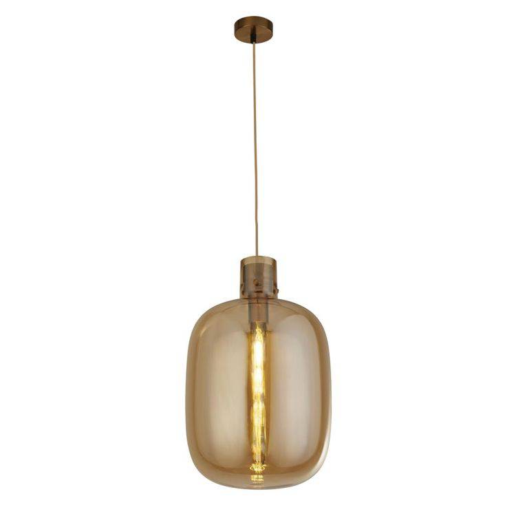 Searchlight Barrel Ceiling Pendant - Satin Brass & Amber Glass - Comet Lighting