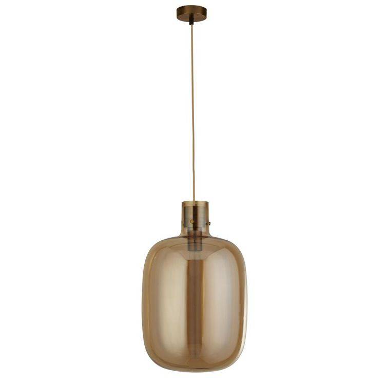 Searchlight Barrel Ceiling Pendant - Satin Brass & Amber Glass - Comet Lighting