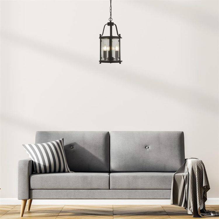 Searchlight Bevelled Lantern 3Lt Ceiling Pendant - Black & Glass - Comet Lighting