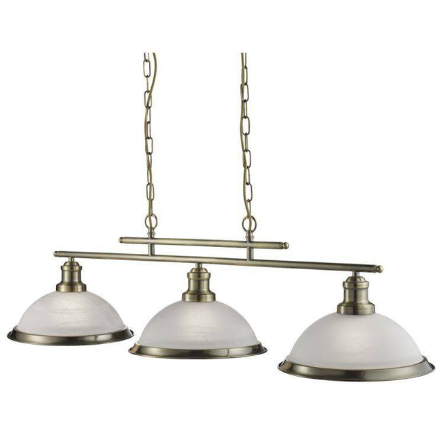 Searchlight Bistro Brass 3 Light Ceiling Bar Pendant Glass Shades - Comet Lighting