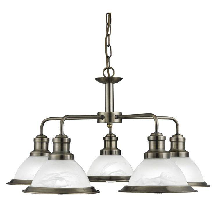 Searchlight Bistro Brass 5 Light Ceiling Fitting Acid Glass Shades - Comet Lighting