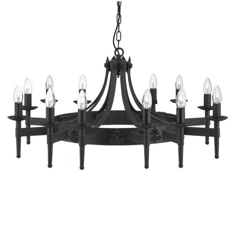 Searchlight Cartwheel 12-Light Chandelier in Black Wrought Iron - Comet Lighting