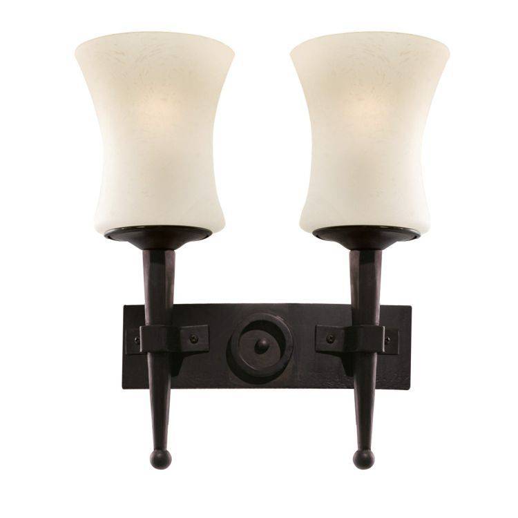 Searchlight Cartwheel 2 Light Wall Bracket in Black Wrought Iron & Scavo Glass Shade - Comet Lighting