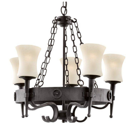 Searchlight Cartwheel 5-Light Chandelier In Black Wrought Iron & Scavo Glass Shades - Comet Lighting