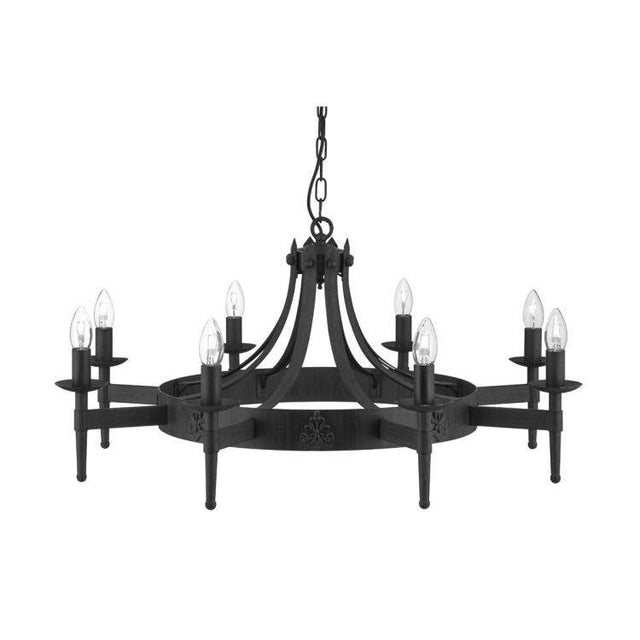 Searchlight Cartwheel 8-Light Chandelier in Black Wrought Iron - Comet Lighting