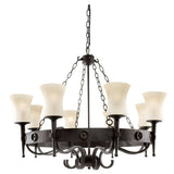 Searchlight Cartwheel 8-Light Chandelier in Black Wrought Iron & Scavo Glass Shades - Comet Lighting