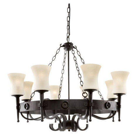 Searchlight Cartwheel 8-Light Chandelier in Black Wrought Iron & Scavo Glass Shades - Comet Lighting