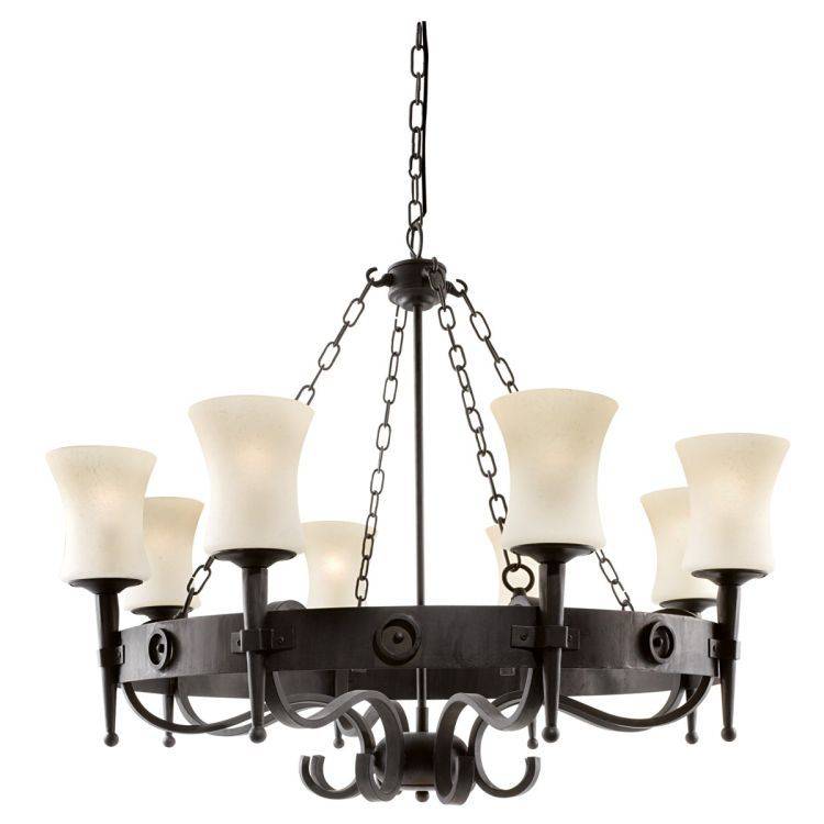 Searchlight Cartwheel 8-Light Chandelier in Black Wrought Iron & Scavo Glass Shades - Comet Lighting